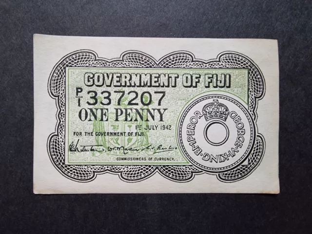 GOVERNMENT OF FIJI 1942 One Penny 1d emergency issue banknote scarce KGVI