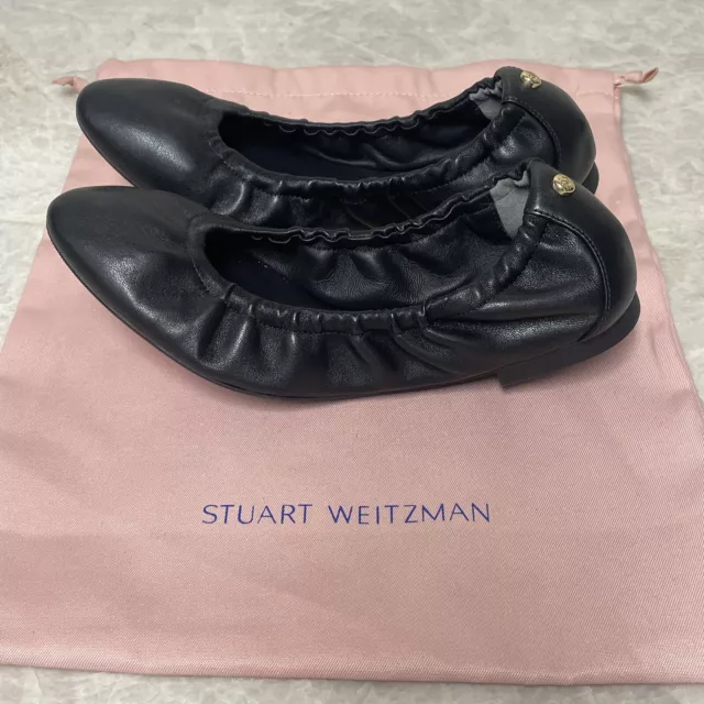 Stuart Weitzman Womens Gabby Scrunch Ballet Flat Black Leather Travel Shoes Sz 7