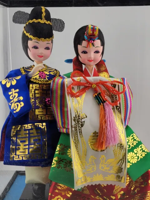 Vintage Korean Native Dolls in Traditional Dress Wedding Set Display Case 10"