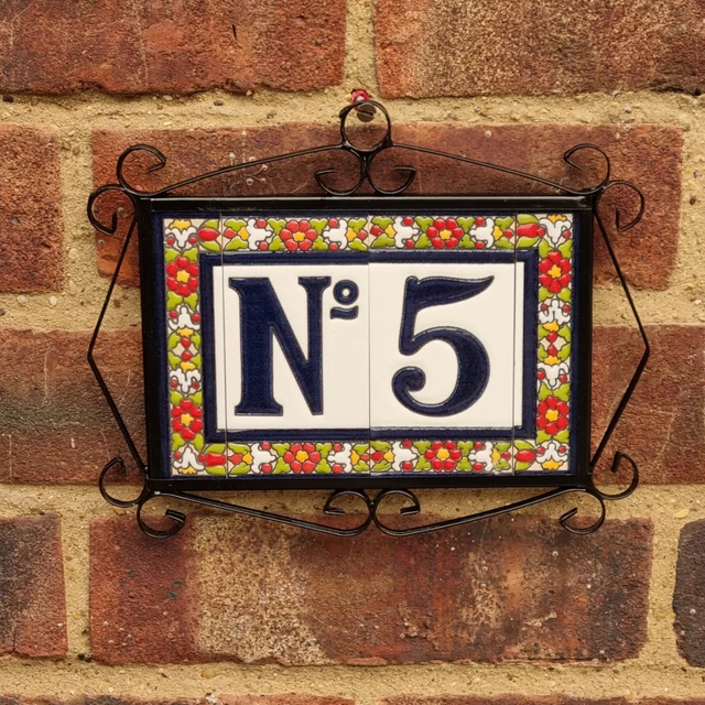 11cm x 5.5cm Floral Hand-painted Ceramic Black Number Tiles & Metal Frames 2