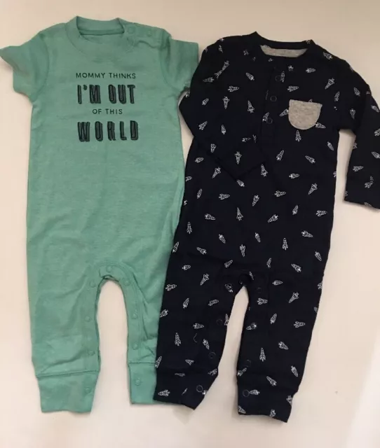 Carters Baby Boy 2 Coveralls Size Newborn 6 Months Green Nave Blue Layette Space