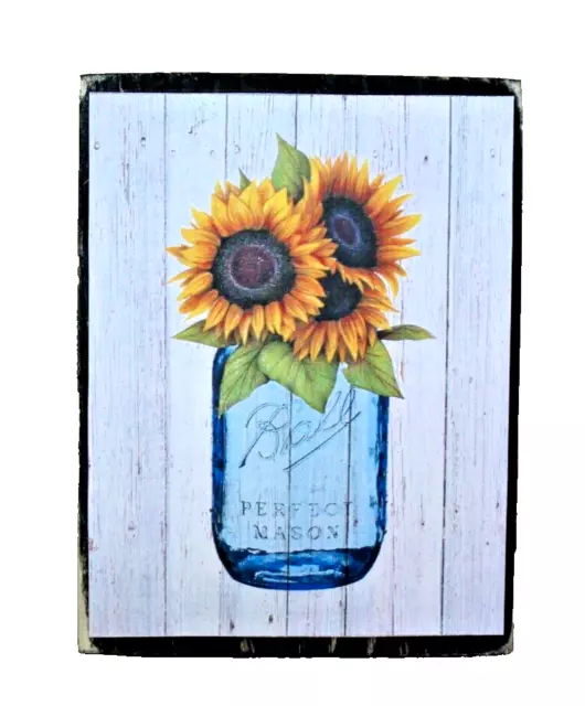 Fresh Sunflowers In A Mason Jar Farmhouse Wooden Sign Block Shelf Sitter 3.5X4.5