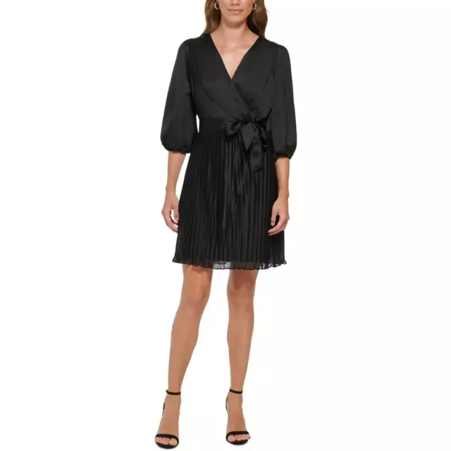 DKNY Womens Black Pleated Mini Belted Fit & Flare Dress 4 BHFO 7088