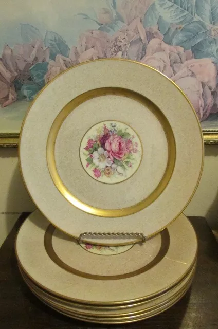 Vintage Bavaria Germany Porcelain Set Of 6 Dinner Plate Flowers Roses Gold 11"