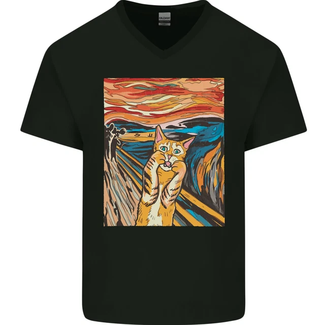 Cat Scream Painting Parody Mens V-Neck Cotton T-Shirt