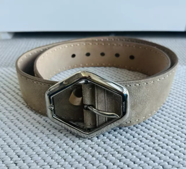 Prada Beige Suede Belt with Large Silver Buckle With Logo Sz 34 Never Been Worn 2