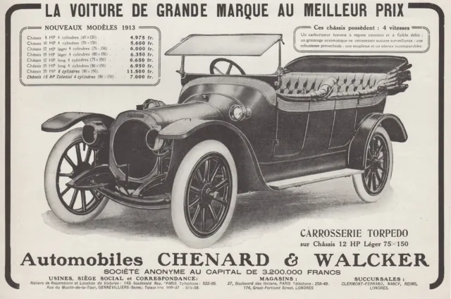 Publicite  Automobile Chenard & Walcker   Car   Ad  1913 -4H