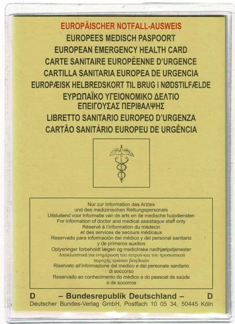 Europäischer Notfall-Ausweis ENA, 1 Stück in 9 Sprachen in DIN A 7 Schutzhülle.