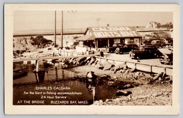 Charles Caldara Boats Bait Fishing Buzzards Bay MA Vtg RPPC Photo Postcard 1940s