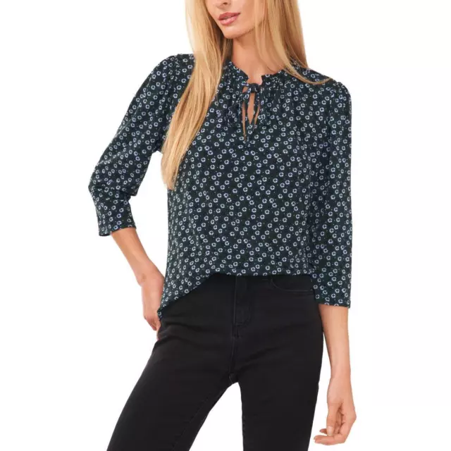 CeCe Womens Navy Split Neck Front Tie Floral Peasant Top XS BHFO 1335