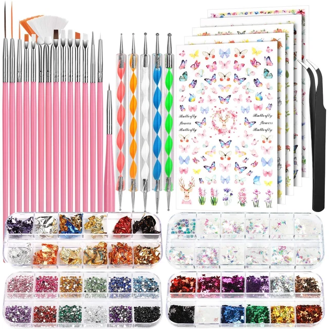 Nail Art Brushes Set - Dotting Pens Stickers Butterfly Foils Flakes Rhinestones