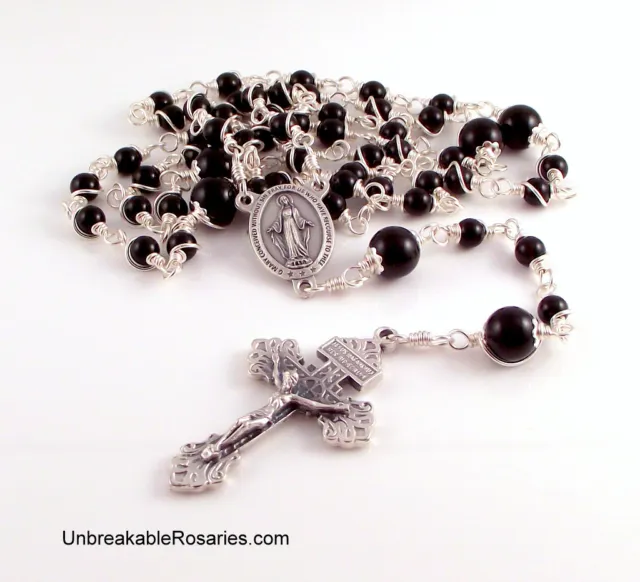 Unbreakable Rosary Beads Miraculous Medal In Onyx w Italian Pardon Crucifix