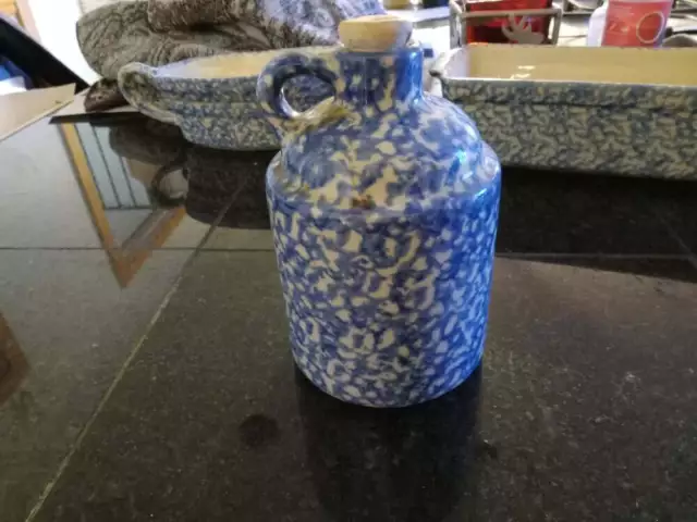 Vintage Workshops of Gerald E. Henn Blue Spongeware 6" Blue Jug W/ STOPPER