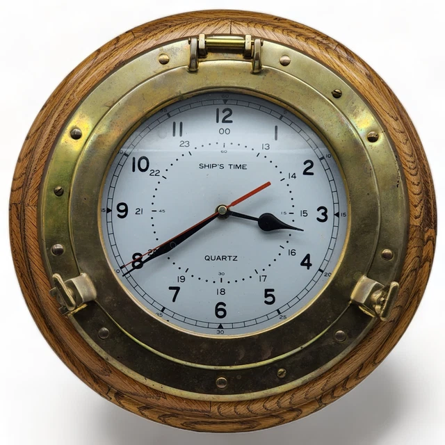 VINTAGE SHIP'S TIME Oak Wood / Brass Wall Clock Porthole Window