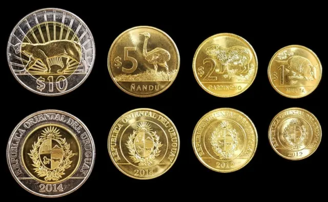 Uruguay 4 Pcs UNC Coin Set, 1 2 5 10 Pesos 2012 2015, Animals, BIMETAL