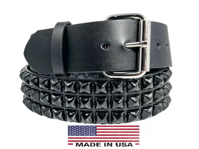 Black Pyramid Stud Belt Genuine Leather Three Row Rock Goth Sid Vicious Punk