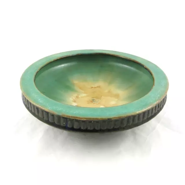 Antique Fulper Art Pottery Flower Bowl Green and Mustard Flambe Glaze 407M