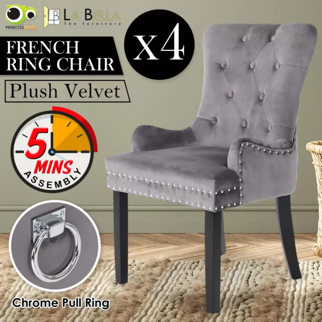 4X Dining Chair French Provincial Ring Studded Velvet Rubberwood LISSE - GREY