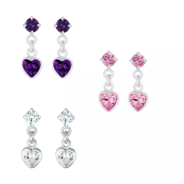 925 Sterling Silver CZ Crystal Circle Hanging Heart Stud Earrings Kids Women