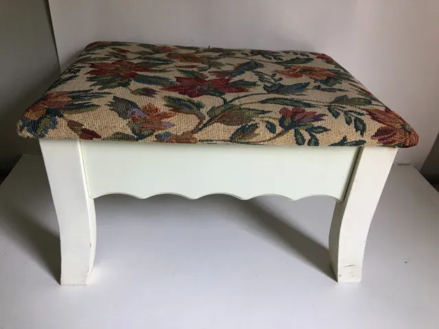 Vintage Wooden Foot Stool Tapestry Flowered Hinged Scalloped