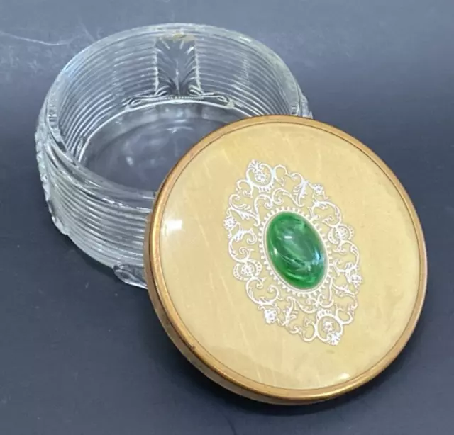 Antique Art Deco Green Stone Bakelite Vanity Powder Jar Trinket Box Metal Lid