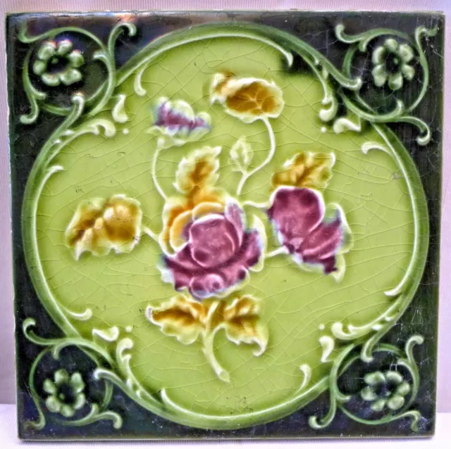 Antique Tile Majolica England Ceramic Rose Flower Purple Green Architecture "127