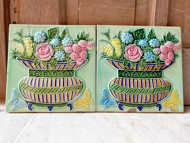 Antique Fruit Basket Butterfly Embossed Art Nouveau Majolica Tile Japan Set Of 2