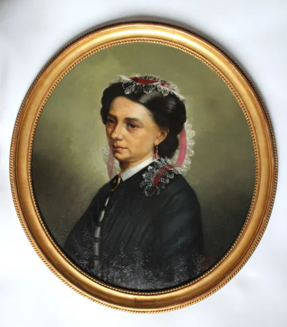 Schönes ovales Porträt Portrait einer eleganten Dame signiert dat. 1869