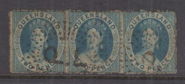 Queensland 1864 2d Blue  SMALL CHALON p12½x13  *small☆* SG50a Cat £270 FU strip