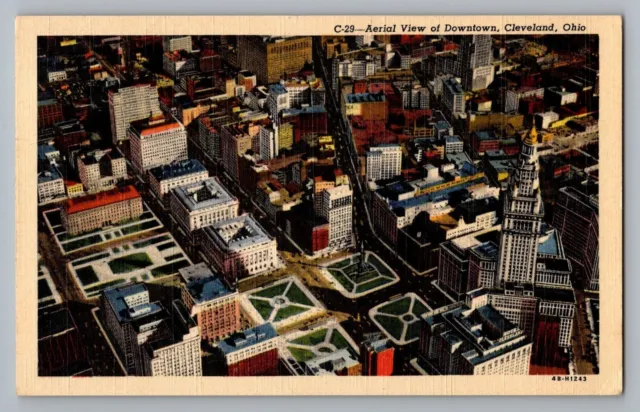 Cleveland Ohio OH Aerial View Downtown Curt Teich Linen Postcard 1944