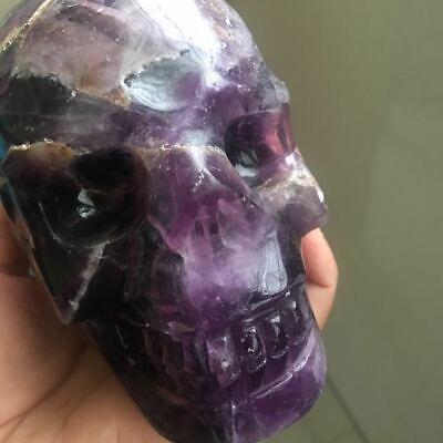 3.24 lb Natural rare violet fluorite crystal skull hand-carved aura healing
