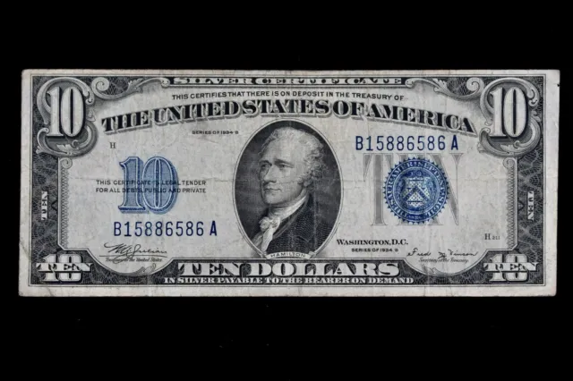 KEY $10 1934B blue seal Silver Certificate B15886586A series B, ten dollar fp211 2