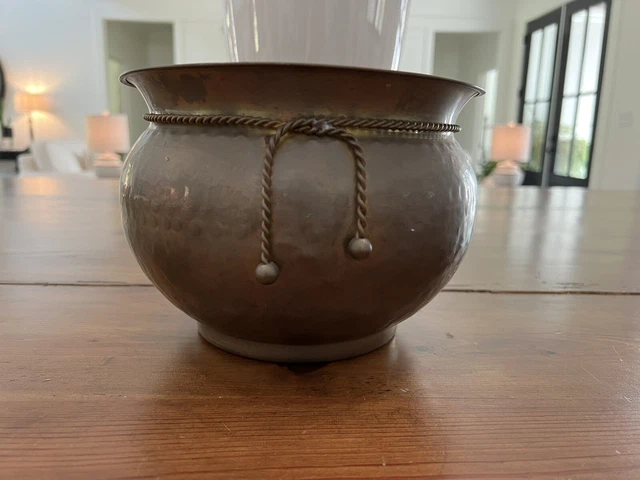 vintage brass hammered planter with rope tie tassel detail 6” tall 8 1/4” wide