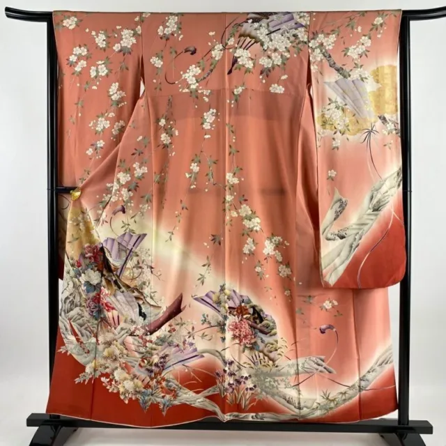 Japanese Kimono Furisode Pure Silk Flower Gold Paint Princess Pink Color