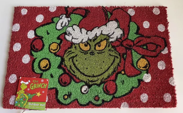 The Grinch Doormat Welcome Mat Christmas Wreath Holiday Porch SanTa Hat NEW