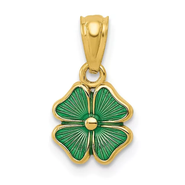 14k Yellow Gold Green Four Leaf Clover Pendant Charm Good Luck Italian Horn