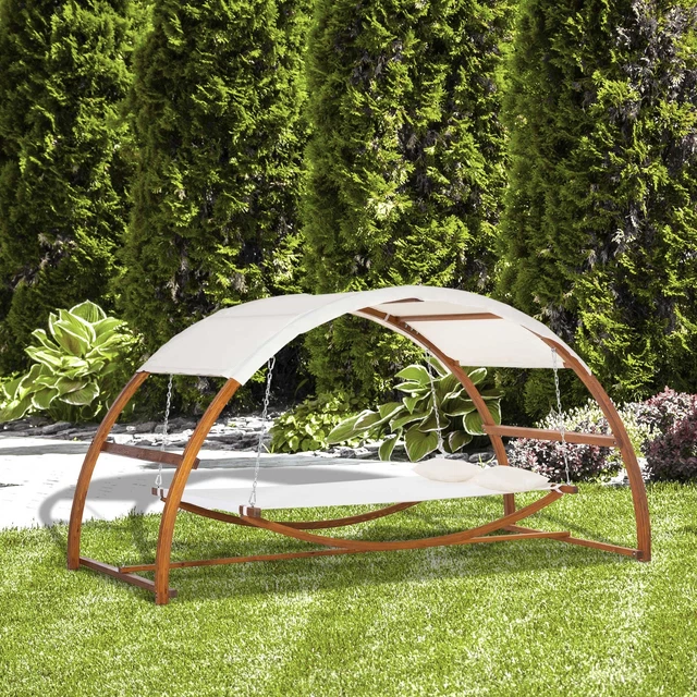 Outsunny Hängematte mit Holz Gestell Sonnendach Hammock mit 2 Kopfkissen