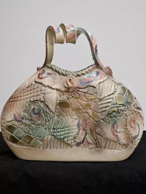 Gail Markiewicz Abstract Art Pottery Purse Shaped Vase Textured Unique Handle