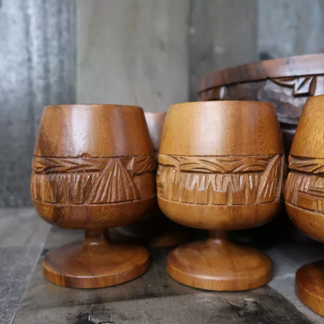 Carved Wood Punch Bowl Set with Ladle & 11 Footed Cups Monkey Pod Phillipines 3