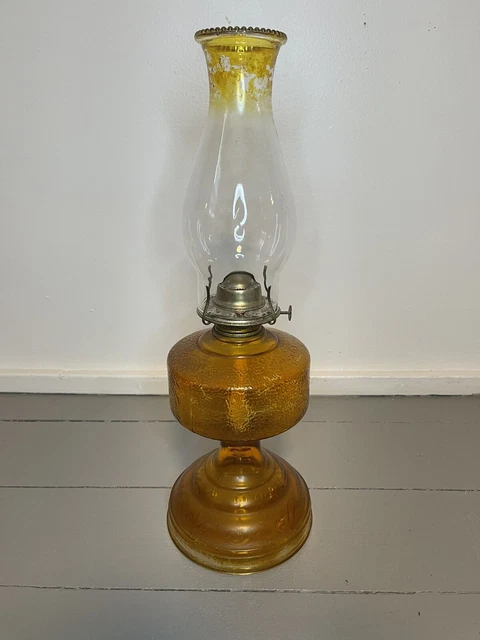 Vintage Amber Orange Gold Eagle Glass Kerosene Oil Hurricane Lamp W Shade 19”