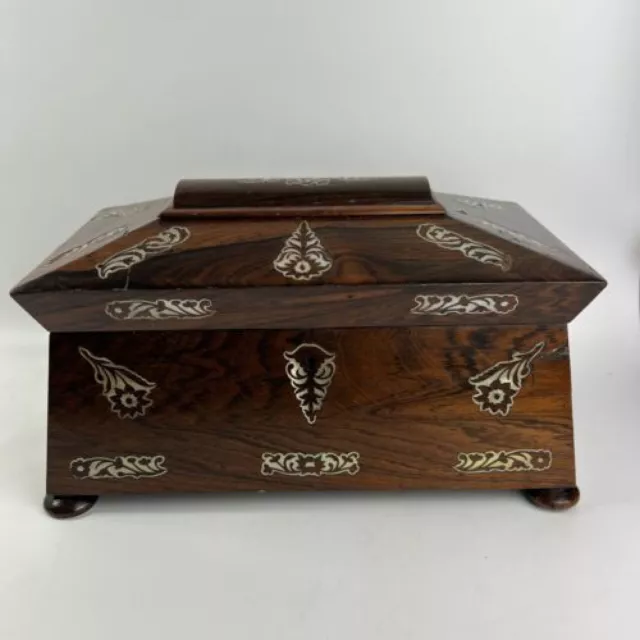 Antique Regency William IV Inlaid Rosewood Mother Pearl Tea Caddy Sarcophagus 3