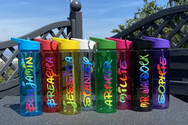 Flip Top Straw Personalised Water Drinks Bottle Kid Sports Disney Rainbow School