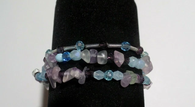 Silver Beaded Bracelet Multi Strand Blue Purple Beads .925 Lobster Claw Clasp