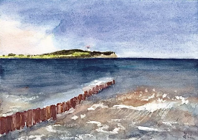 Rügen - Dranske, Küste vor Hiddensee, Aquarell (10x15cm)