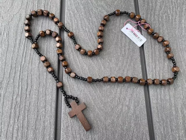 Brown Wood ROSARY NECKLACE Handmade Prayer Beads Cross Catholic Religious.