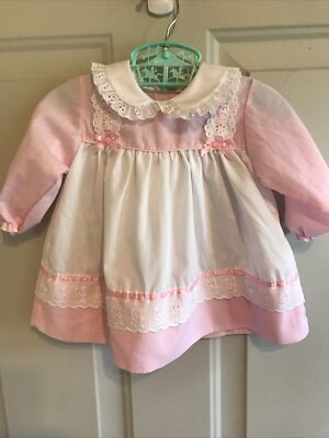 Vintage Baby Girls Alexis Pink White Lace Ruffle Dress Gingham Bear Eyelet 9mos