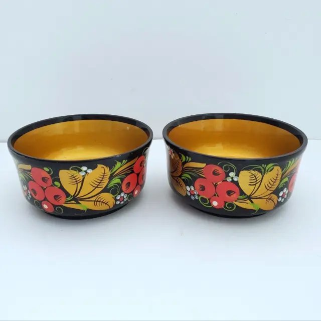 2 Vintage Russian Khokhloma Wood Bowls Black Lacquer Hand Painted Floral Art 4"