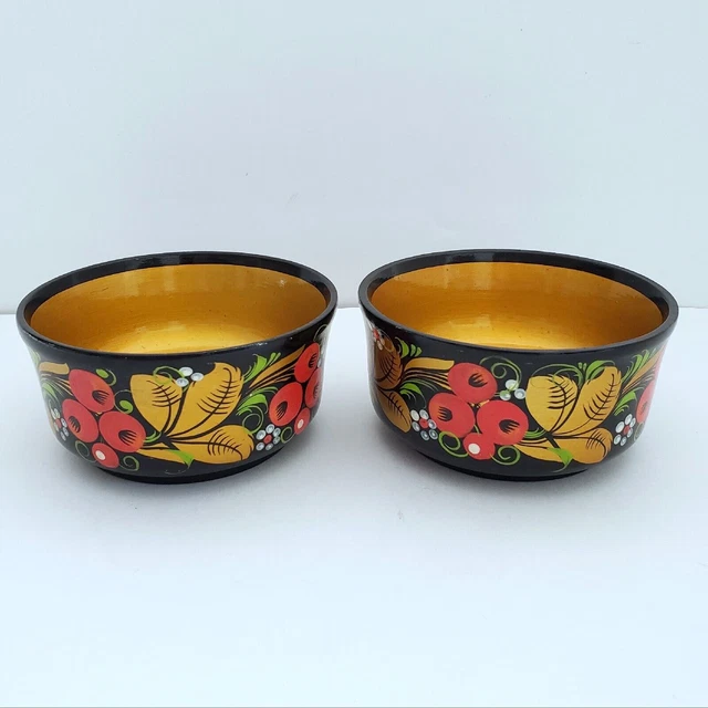 2 Vintage Russian Khokhloma Wood Bowls Black Lacquer Hand Painted Floral Art 4"