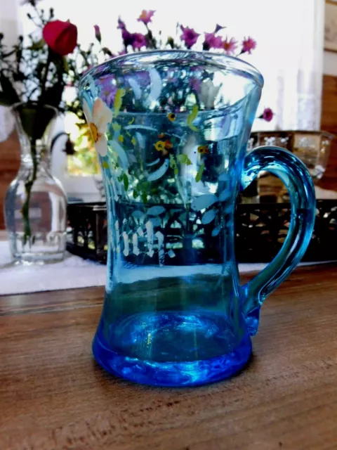 Blauer Jugendstil Glas Krug 1900 SEI GLÜCKLICH Sammler Becher Handbemalt Abriss