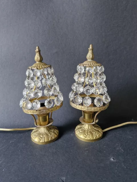 Vintage Small Pair French Brass Crystals Empire style Boudoir Table Lamps